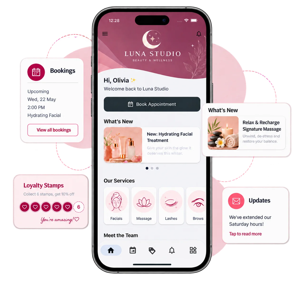 A branded Resvera booking app with booking, loyalty and customer update features